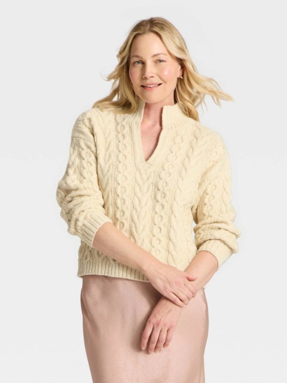 A New Day‎ Women's Long Sleeve Split Turnover Neck Cable Pullover Sweater Small